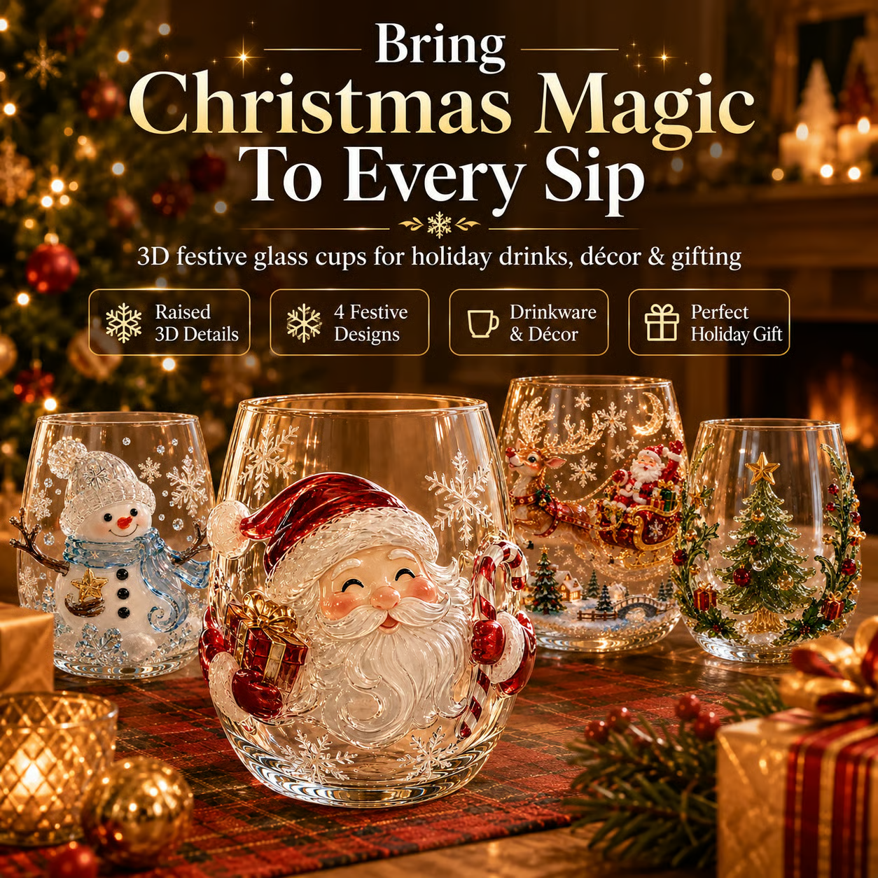 ⛄Magical Christmas 3D Glass Cup Collection🎅 – Santa, Reindeer, Snowman & Christmas Tree